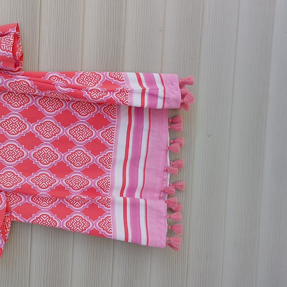 $158 Cabana Shift Pink Off-Shoulder Dress with Tassels - Picture 3 of 6